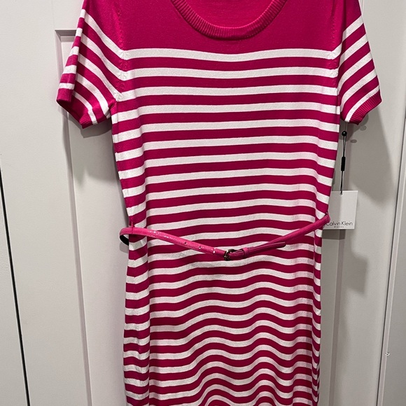 CALVIN KLEIN AUTHENTIC ELECTRIC PINK/WHITE STRIPE KNIT DESIGN SWEATER DRESS - Picture 12 of 13